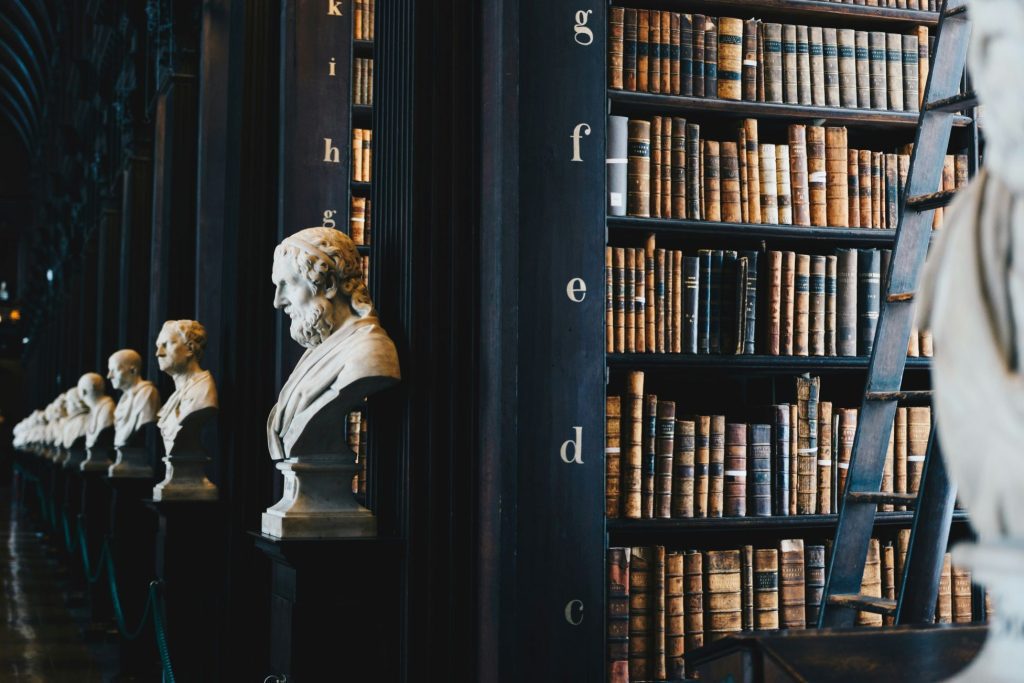 modern library with a large collection of old books