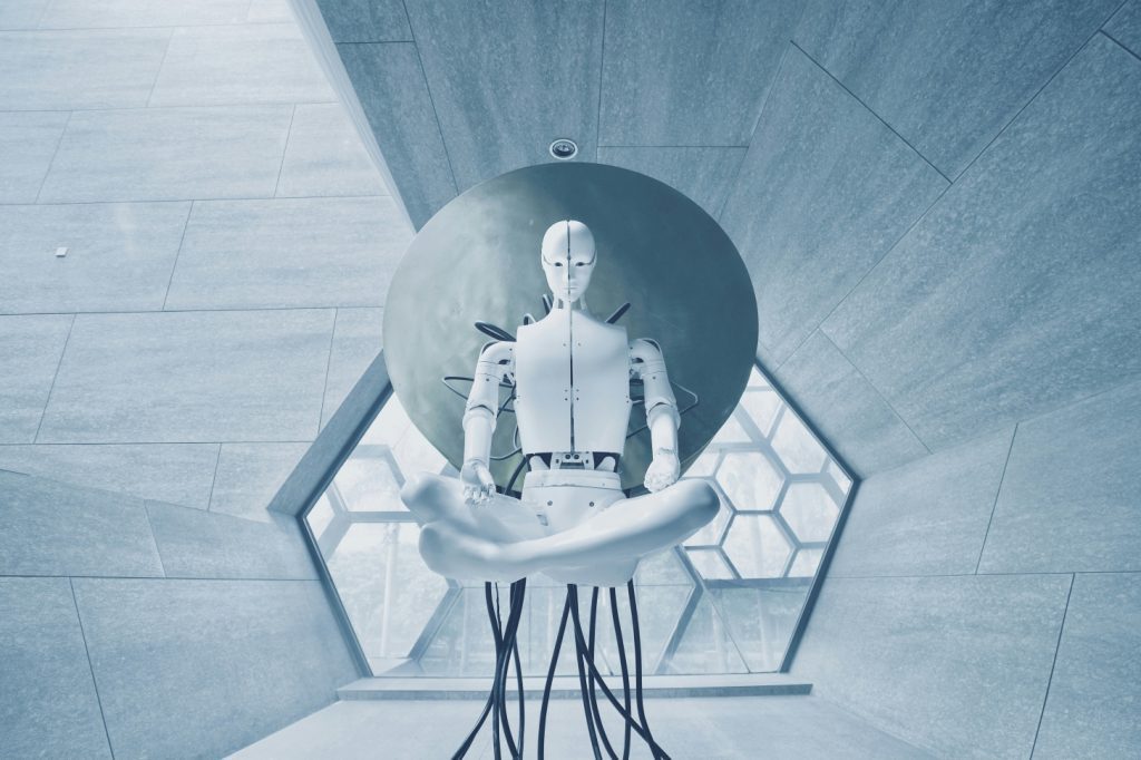 a white robot floating in mid air sitting cross legged in a futuristic environment