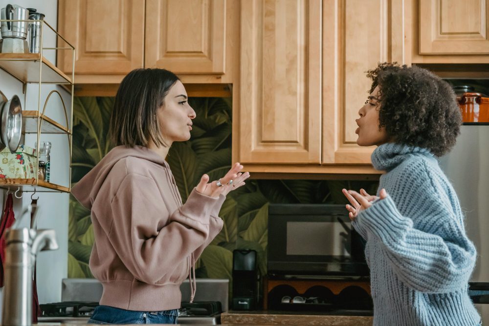 two women yelling at each other in a kitchen